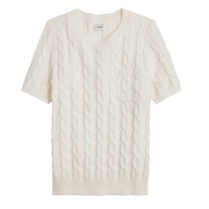 J.‎ Crew Short-Sleeve Cable Crewneck Sweater Ivory Cotton BR811 Womens XL euc